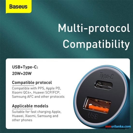 Baseus Golden Contactor Pro Dual Quick  Car Charger U+C 40W（With Baseus Simple Wisdom Data Cable Type-C to iP 1m) Blue